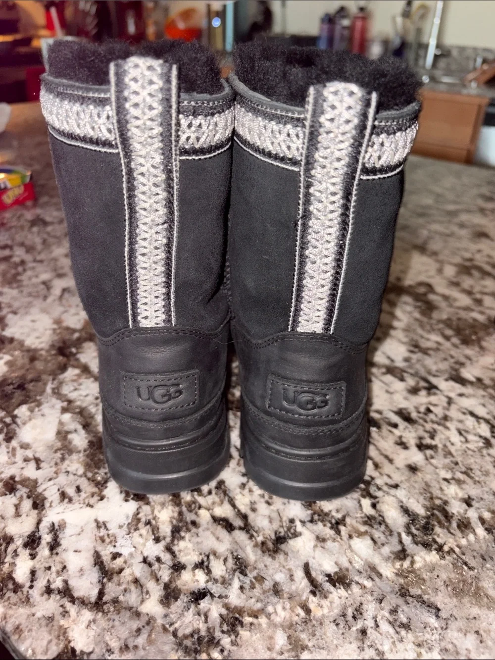 UGG Black Mid-Calf Faux Shearling Lined Boots with Decorative Trim
